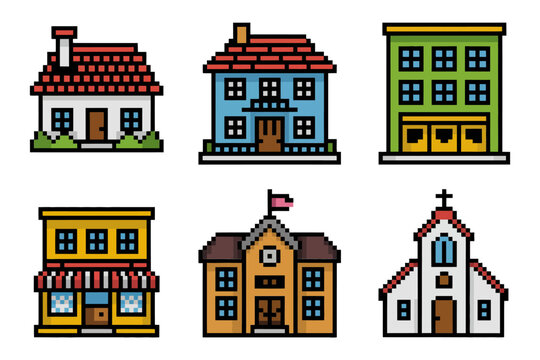 Pixel house and city building icon set, home store office school church, 8 bit vector, retro game town sprites, architecture icon pack