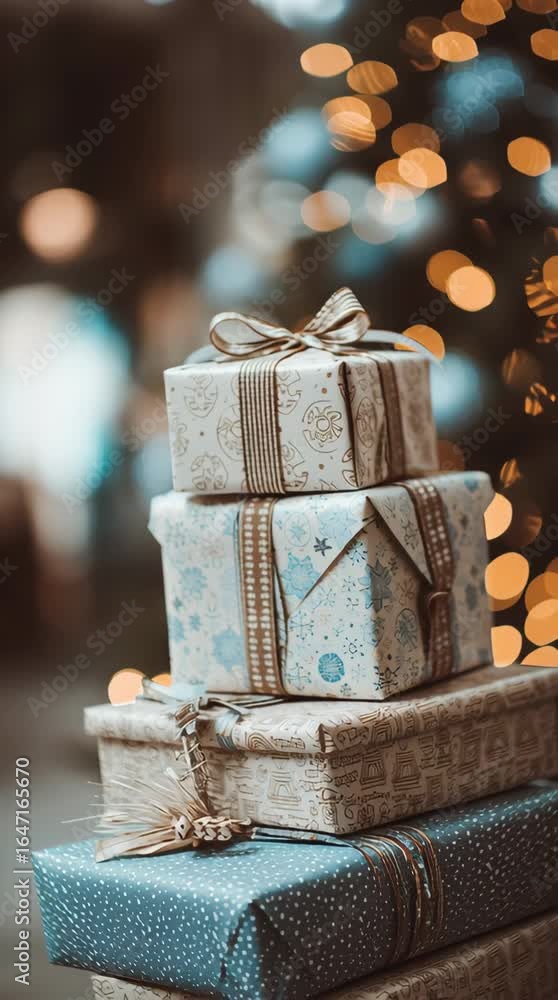 Poster wrapped gifts stacked next to a sparkling christmas tree with bokeh lights creating a festive atmosp