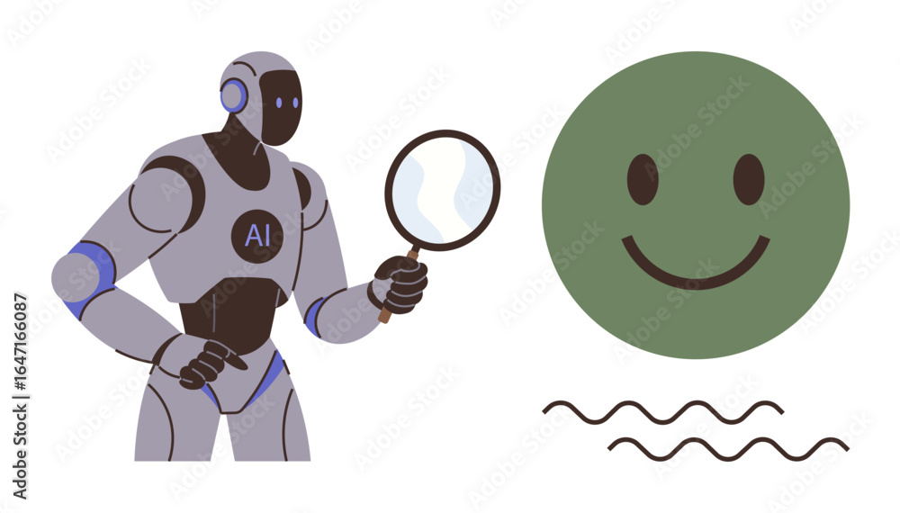 Aufkleber ai robot examines green happy face using magnifying glass, representing emotion analysis and technol