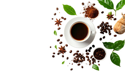 Obraz premium Dark roast espresso in white glass with coffee beans on saucer on white background
