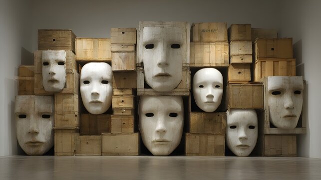 Faceless mannequin masks emerging from storage boxes