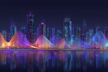 CIUDAD FUTURISTA NOCTURNA CON LUCES NEÓN Y REFLEJOS EN EL AGUA