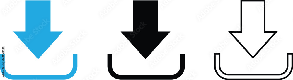 Poster download arrow into box icon, blue vector symbol for file saving, software download, web interface b