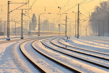 Train tracks create a winding path through snowy landscape at dawn in winter