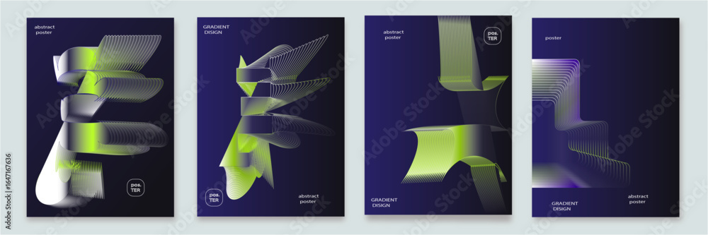Poster abstract line wave gradient poster background vector set. minimalist cover template with vibrant per