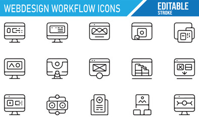 Simple editable icons showing web design and development stages.