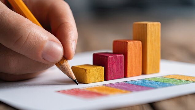 A hand holds a pencil and draws a line over wooden blocks forming a graph
