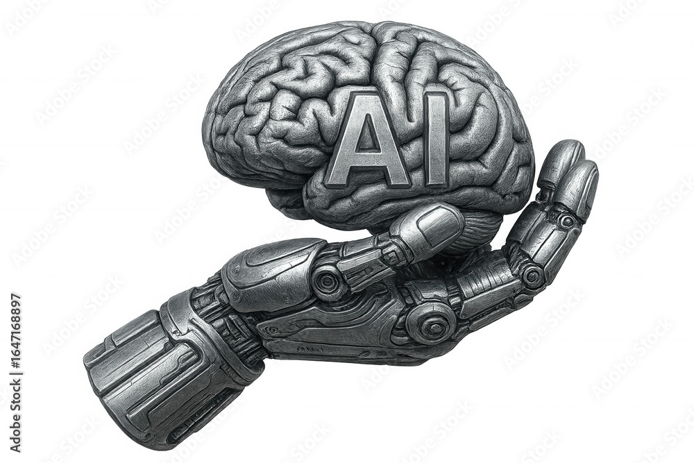 Poster metallic robotic hand delicately gripping cybernetic brain with ai text, symbolizing advanced techno