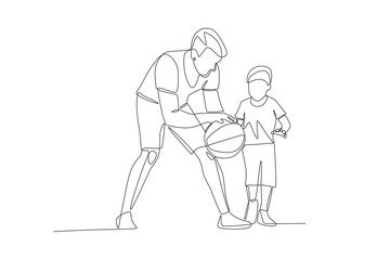 Father playing basketball with his son. Father and son concept one-line drawing