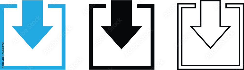 Poster arrow into square box icon, blue vector download symbol for file saving, software update, web interf