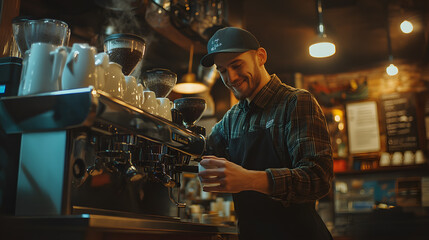Coffee shop barista making a latte Monday morning