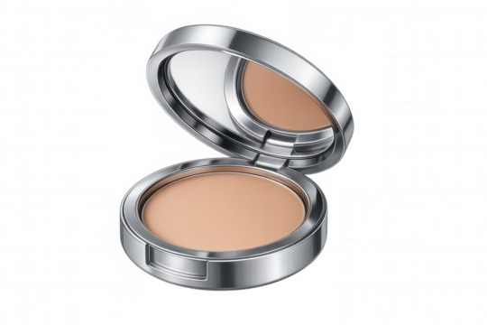 Compact powder with a small mirror open floating on a transparent background, showing light beige face powder - Powered by Adobe