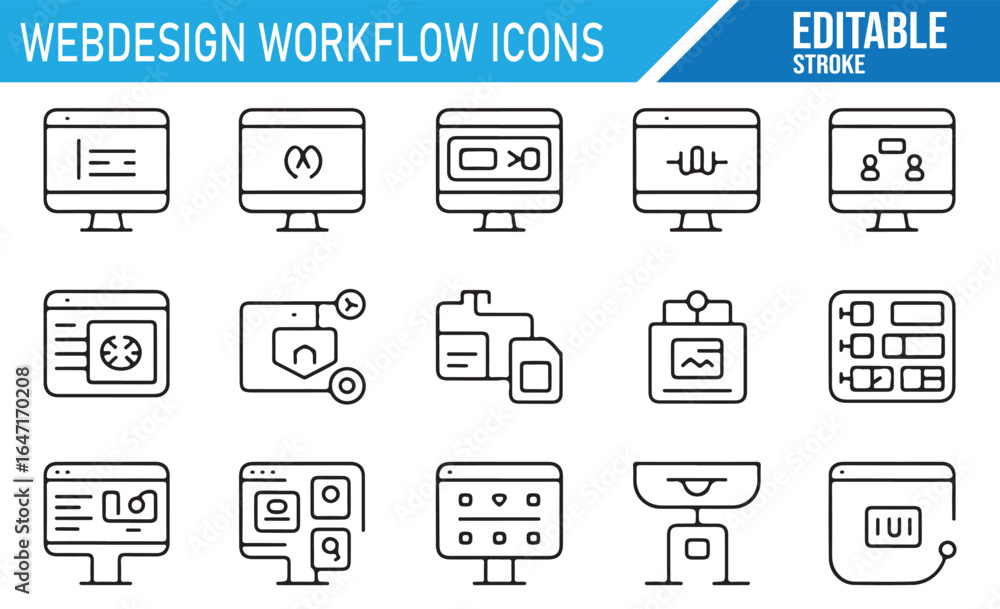 Poster collection of editable icons for digital design process and project stages.