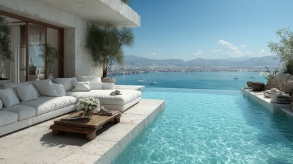 Modern, light-filled patio with infinity pool