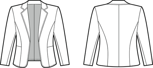 Women’s tailored blazer front and back view, vector flat sketch, fashion cad drawing, technical illustration, garment template, jacket design