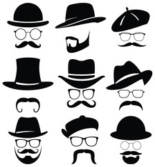 A Collection of Illustrated Male Faces with Hats and Mustaches in Black and White