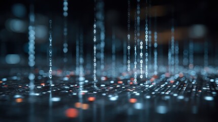 Digital environment displays a dynamic visualization of data streams represented by binary code. Light trails illuminate the space, creating an immersive experience with technology and data