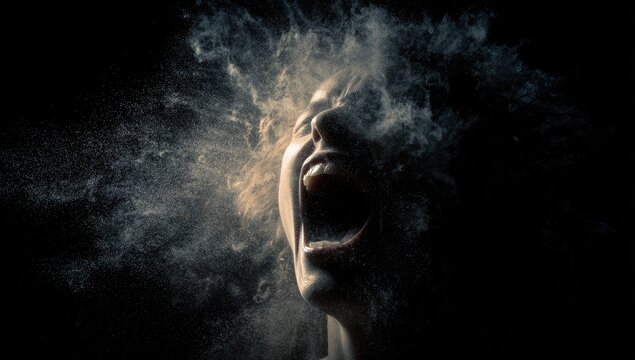 A close-up of a woman screaming, surrounded by a dramatic cloud of dust or particles