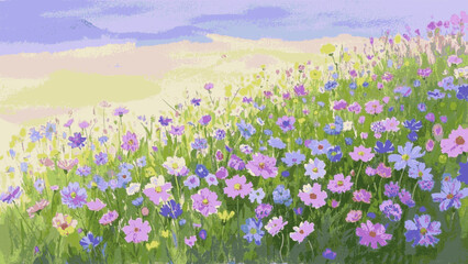 Fototapeta premium Blended Field field of many kinds of flowers isolated watercolor vector illustration svg