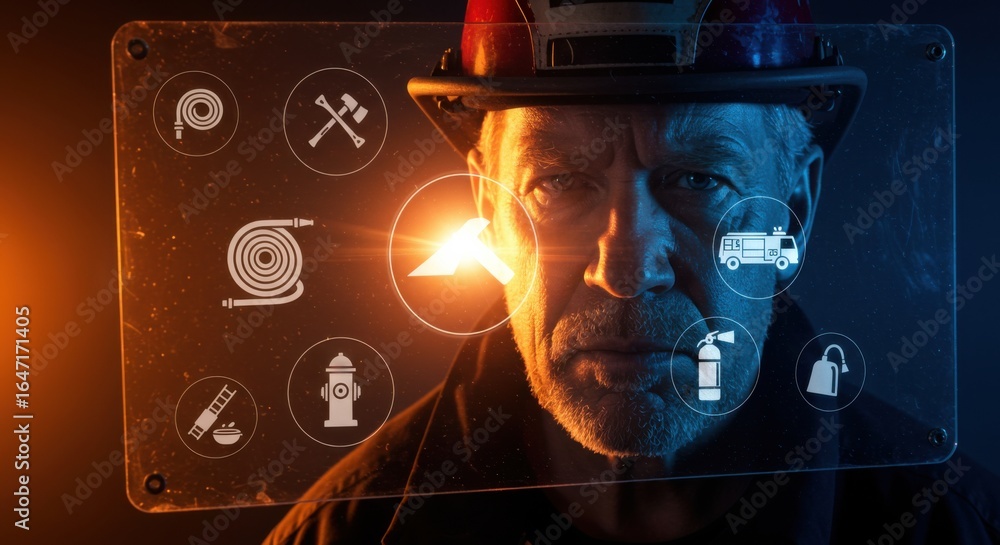 Poster firefighter man with icons on transparent display. fire safety and protection concept. digital inter