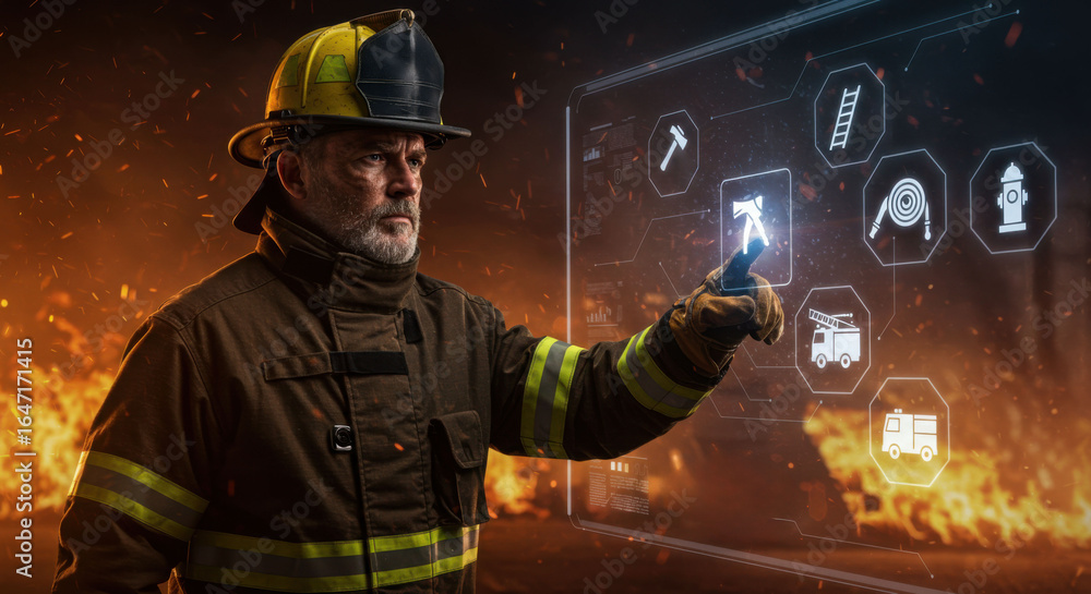 Poster firefighter man touching virtual interface with axe icon. fire safety and prevention technology. dig