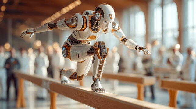 Futuristic humanoid robot performing dynamic acrobatic move on balance beam inside hall with blurred audience in background. Concept of artificial intelligence in sports and performance excellence