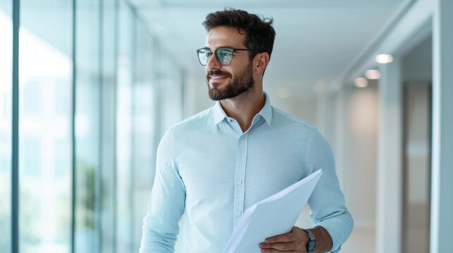 A confident man in a light blue shirt holds documents while walking through a modern office corridor, exuding professionalism and approachability.