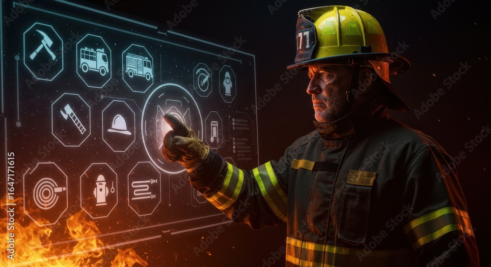 Poster firefighter man interacting with virtual interface displaying fire rescue icons. brave hero fighting