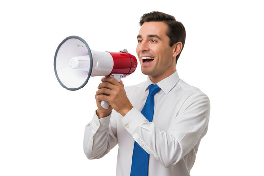 Smiling businessman in white shirt and blue tie speaking through red and white megaphone