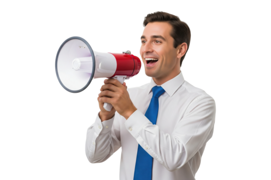 Smiling businessman in white shirt and blue tie speaking through red and white megaphone