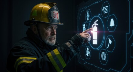 Male firefighter touching glowing fire extinguisher icon on a futuristic screen display for fire safety and emergency response.
