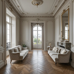 Elegantly appointed Parisian apartment featuring ornate moldings and herringbone floors
