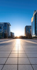 Fototapeta premium Urban plaza at sunrise, modern buildings