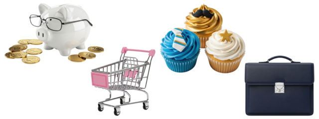 White piggy bank with glasses and coins, miniature shopping cart, decorated cupcakes, and navy briefcase