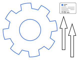 Gear represents processes, arrows indicate progress, and social media card symbolizes digital communication. Ideal for tech, growth, development, productivity, digital marketing, social strategy