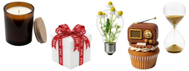Brown candle in glass jar, gift box with sale ribbon, light bulb with chamomile flowers, cupcake with vintage radio decoration, and hourglass