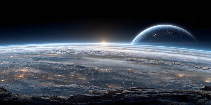 ALBA SPAZIALE SU PIANETA ESOTICO CON LUNA AD ANELLO