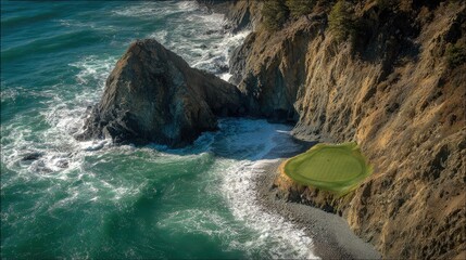 Stunning Aerial View of Rocky Coastline with Golf Course Overlooking the Ocean Waves and Beach Below