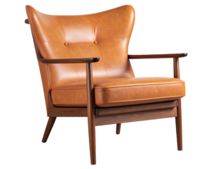 Drewniany, skórzany, brązowy fotel o obłych, miękkich kształtach na przezroczystym tle