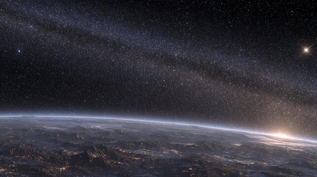 ALBA SPAZIALE CON VIA LATTEA E ATMOSFERA TERRESTRE