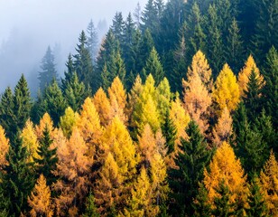 Autumn forest scene with golden larch trees