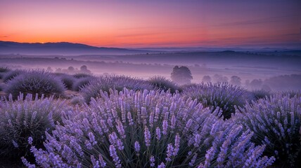 Obraz premium Scenic landscape of a vast lavender field in bloom, covered in morning mist during a beautiful sunrise with a colorful sky.