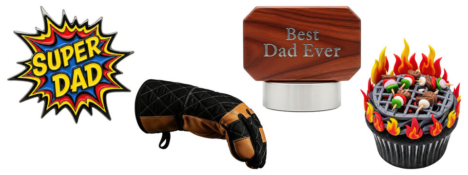 Super Dad comic-style sign, black and brown oven mitt, &ldquo;Best Dad Ever&rdquo; wooden plaque, and barbecue grill-themed cupcake with flames