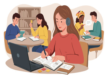 Diverse group of students studying together in a library, focused and engaged in learning, with laptops, books, and headphones enhancing their educational experience.