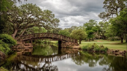 Scenic Wooden Bridge Over Calm Water Surrounded by Lush Greenery and Dramatic Cloudy Sky