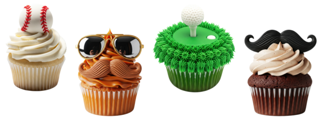 Set of decorated cupcakes including baseball, mustache with sunglasses, golf theme, and mustache design