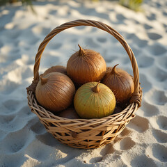Freshly Harvested Coconuts in a Woven Basket on a Sandy Beach