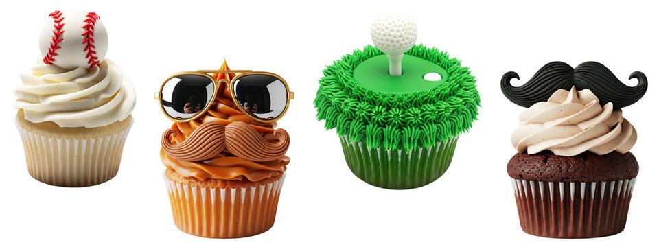 Set of decorated cupcakes including baseball, mustache with sunglasses, golf theme, and mustache design