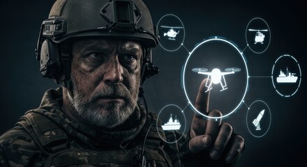 Military man operating virtual drone control panel. Soldier interacting with digital interface. Modern warfare and tactical technology.