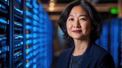 Middle-aged Asian woman data strategist reviewing cloud analytics in a server room. Data scientist